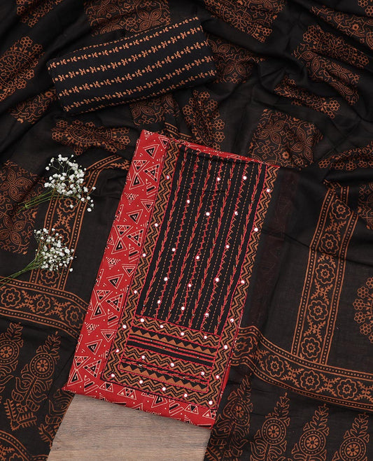 Red material chudidar set, triangle motifs print with neck embroidered top, contrast printed bottom and printed dupatta