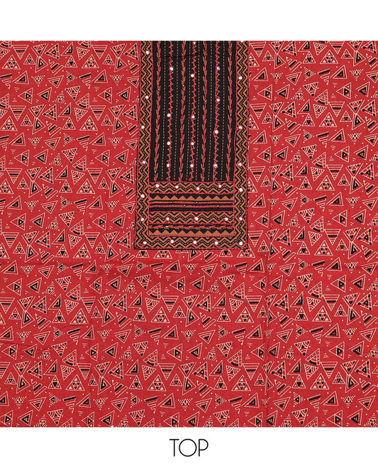 Red material chudidar set, triangle motifs print with neck embroidered top, contrast printed bottom and printed dupatta
