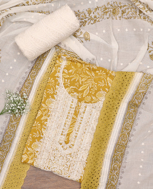Yellow chudidhar material set floral printed with sequins embroidery top, contrast thread embroidery bottom & floral motif thread embroidery scallop border dupatta
