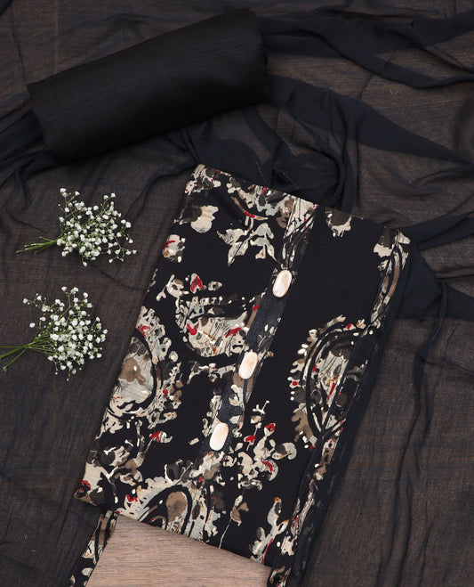 Black material chudidar set, abstract printed cotton top plain bottom and plain lace border dupatta