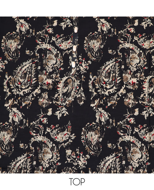 Black material chudidar set, abstract printed cotton top plain bottom and plain lace border dupatta