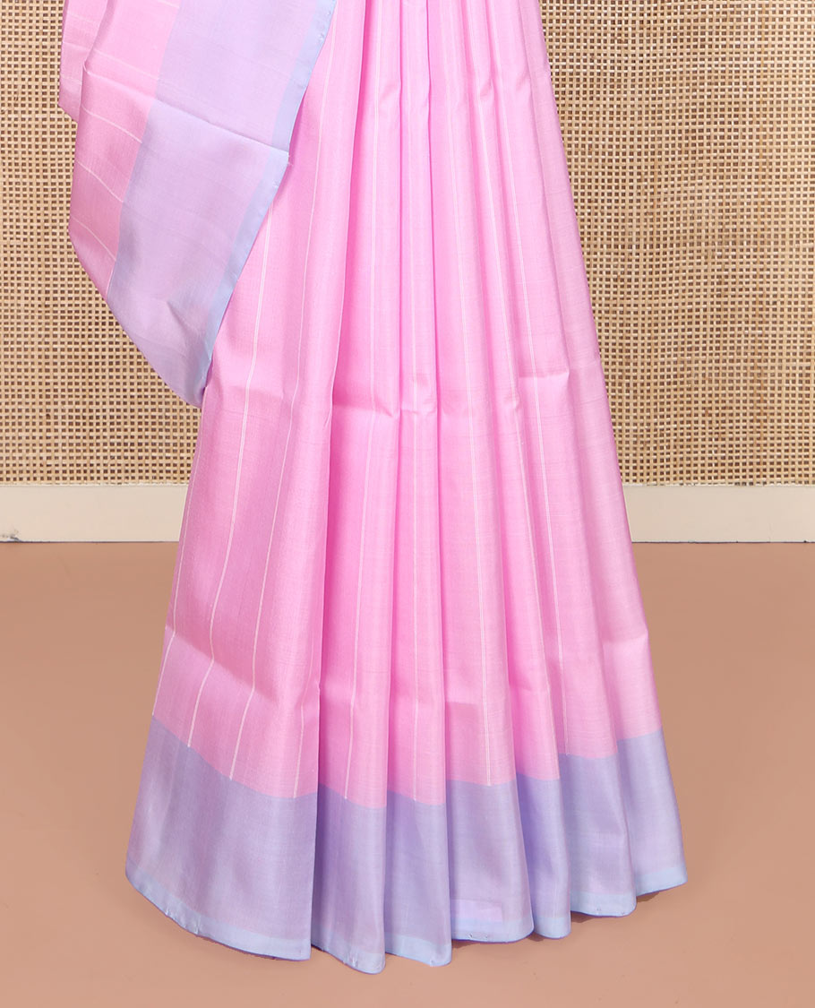 Pink Uppada Silk Saree, Subtly Made with Sparse Stripes All Over Its Body, Complemented by a Contrast Border, Plain Pallu, and Paired with a Contrast Blouse