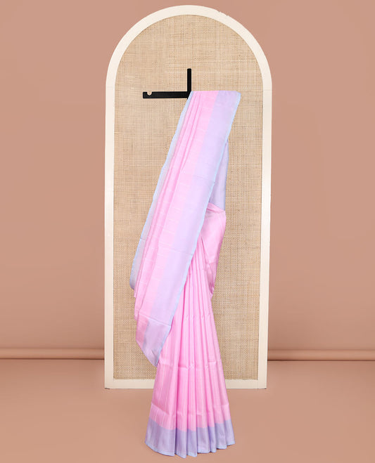 Pink Uppada Silk Saree, Subtly Made with Sparse Stripes All Over Its Body, Complemented by a Contrast Border, Plain Pallu, and Paired with a Contrast Blouse