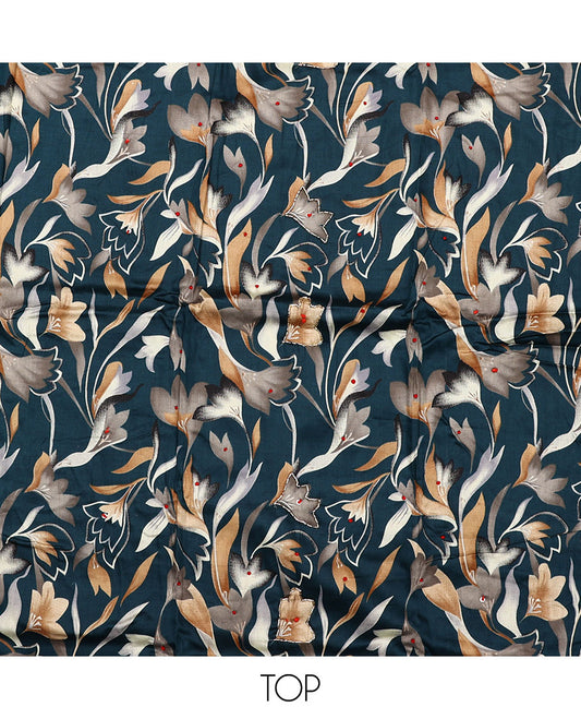 Blue material chudidar set, abstract floral print with French knot work top, plain bottom, and dupatta of checks and floral print