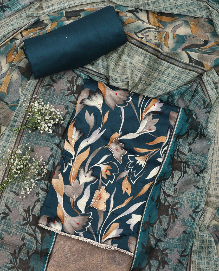 Blue material chudidar set, abstract floral print with French knot work top, plain bottom, and dupatta of checks and floral print