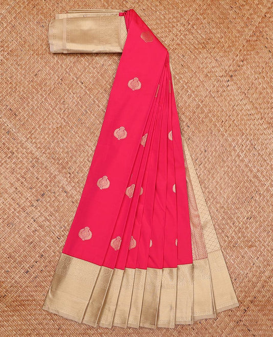 Pink zari buttas gift saree, contrast traditional zari border of peacock motifs, and intricate pallu