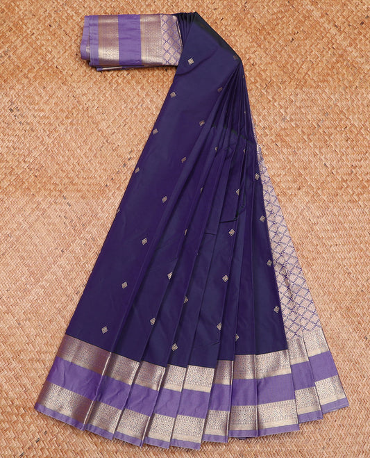 Blue Budget Silk Saree Woven with Diamond Zari Buttas, Complemented by Contrast Traditional Zari Rettai Pettu Border, Zari-Enriched Jaal Pallu, and Paired with a Contrast Blouse