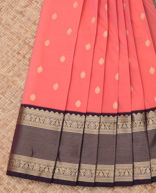 Peach Budget Silk Saree, Gleamed Up with Zari Buttas, a Contrast Traditional Zari Border, Grand Pallu, and a Contrast Blouse