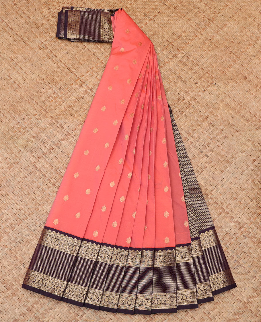 Peach Budget Silk Saree, Gleamed Up with Zari Buttas, a Contrast Traditional Zari Border, Grand Pallu, and a Contrast Blouse