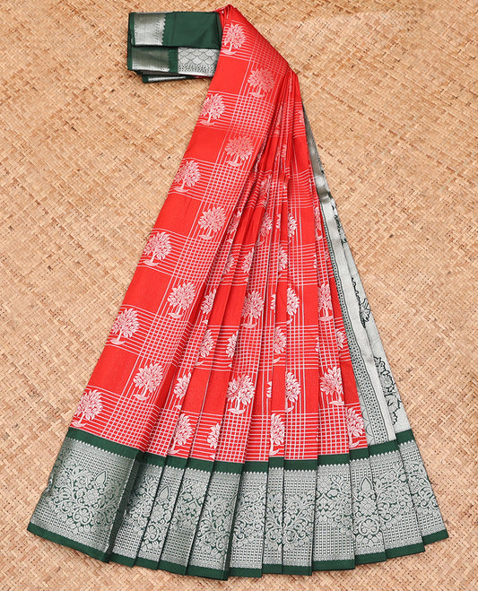 Red Budget Silk Saree, Elevated with Zari Butta Enclosed Checks On Its Body, Complemented by Contrast Traditional Zari Designs Woven Border, Grand Pallu of Paisleys, and Paired with a Contrast Blouse