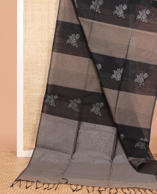 Borderless brown and black floral zari buttas semi-silk cotton saree, contrast jaal pallu