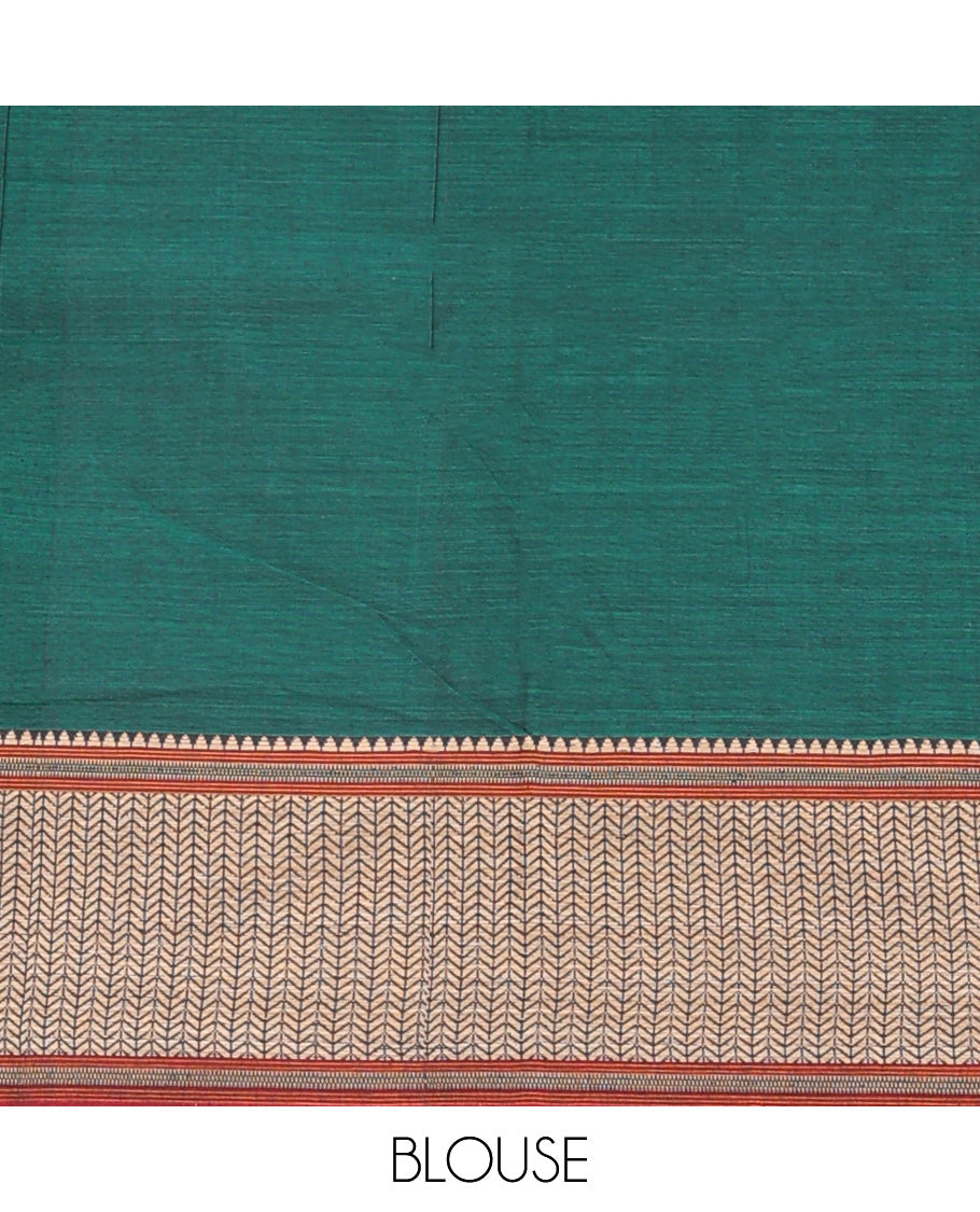 Dark green plain Narayanapet cotton saree, contrast geometric patterned thread border, and striped pallu