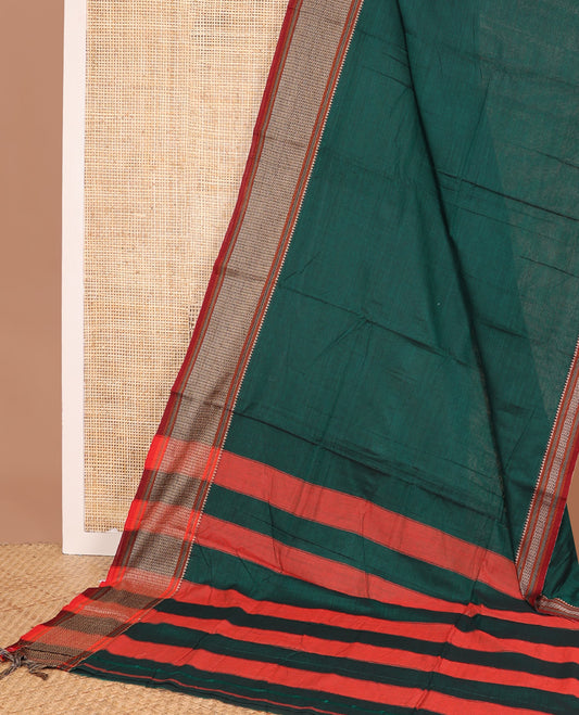 Dark green plain Narayanapet cotton saree, contrast geometric patterned thread border, and striped pallu