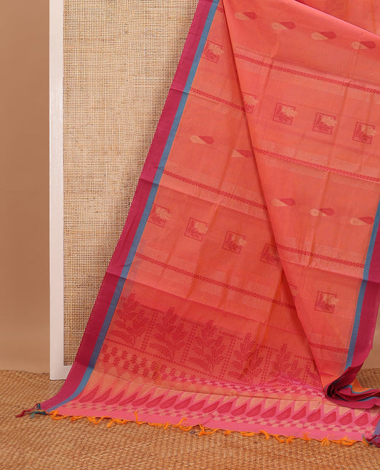 Peach veldhari & floral motifs Coimbatore cotton saree, contrast plain border & floral design pallu