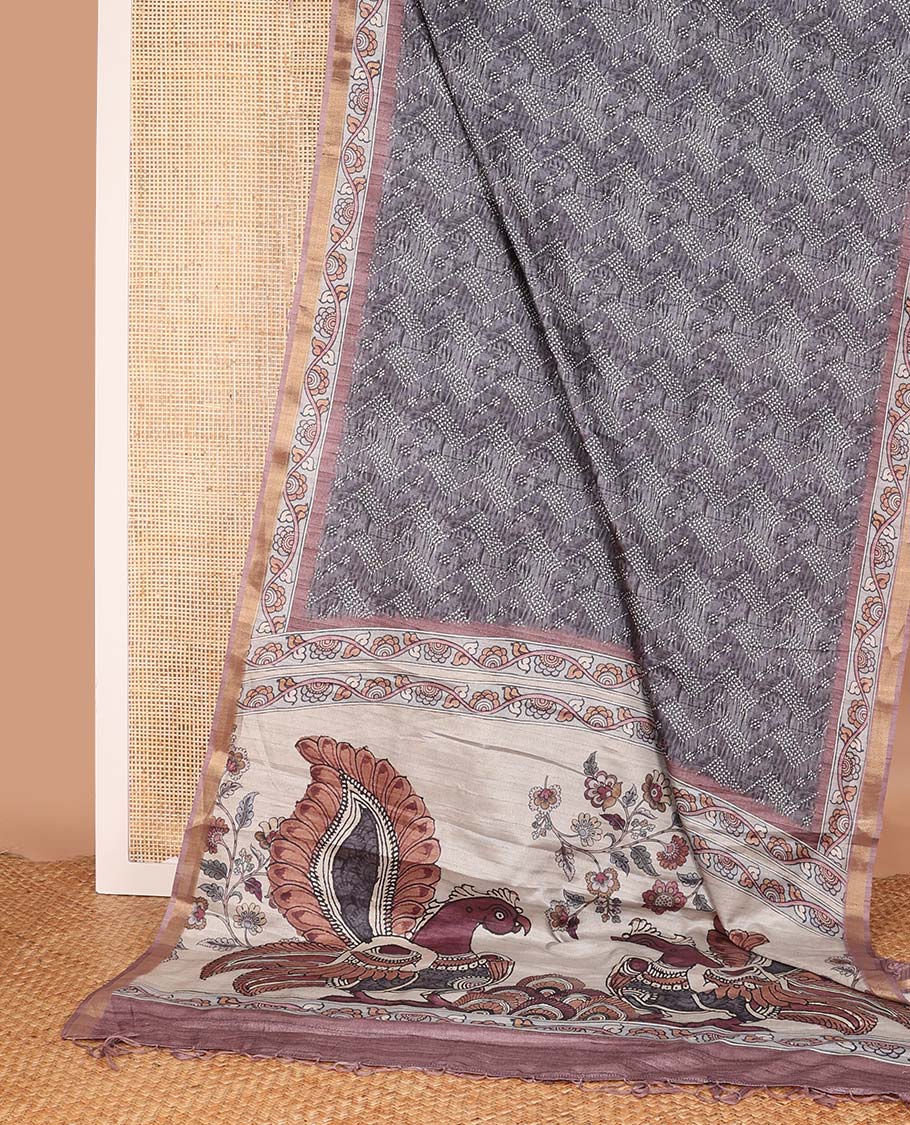 Grey chevron striped chanderi cotton saree,  contrast kalamkari floral printed border, and kalamkari peacock printed pallu