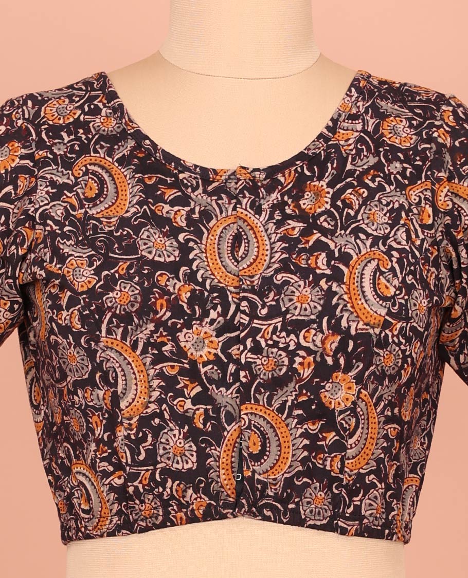 Black Cotton Readymade Blouse Elegantly Framed with All-Over Floral and Paisley Print, Featuring a Front Round-Neck, a Closed Back Neck, and Elbow Sleeves