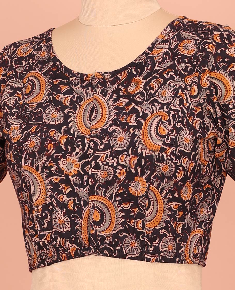 Black Cotton Readymade Blouse Elegantly Framed with All-Over Floral and Paisley Print, Featuring a Front Round-Neck, a Closed Back Neck, and Elbow Sleeves