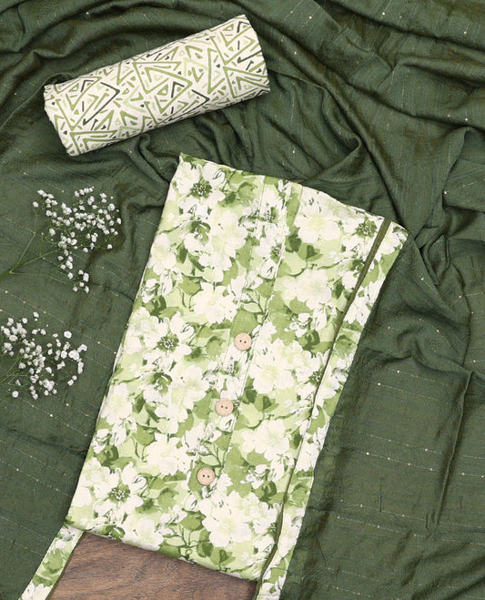 White and green material chudidar set, floral printed with button work top, printed bottom, and sequins striped dupatta