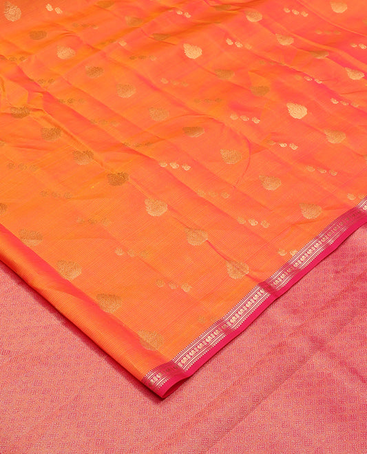 Orange stripes, and zari buttas Vasundhara silk mix saree, contrast border of rekku, kathir, and mayil designa, and zari-rich jaal pallu