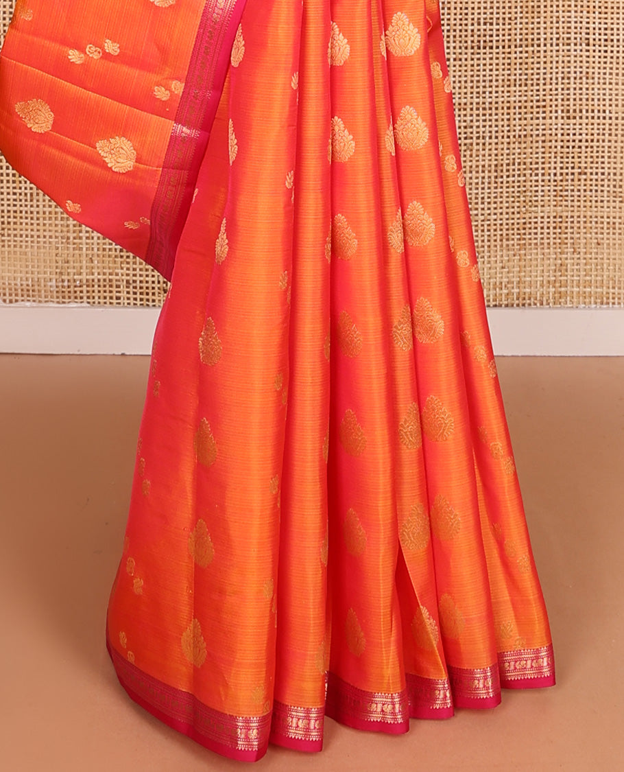 Orange stripes, and zari buttas Vasundhara silk mix saree, contrast border of rekku, kathir, and mayil designa, and zari-rich jaal pallu