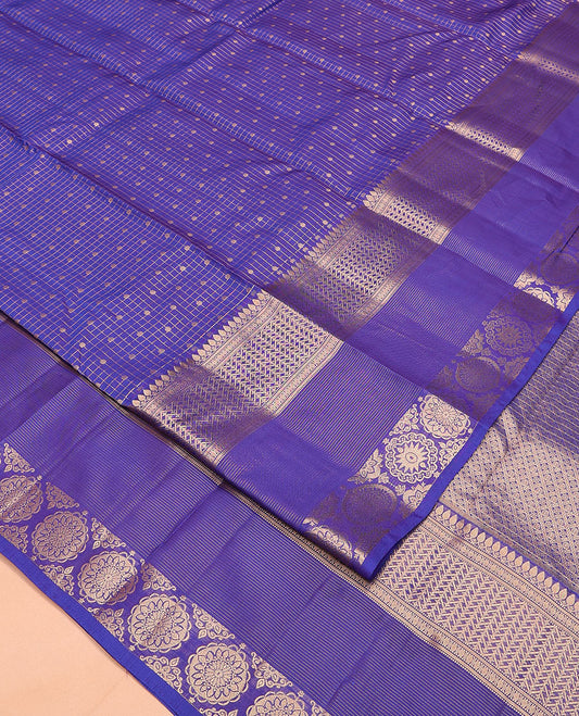 Blue zari buttas and checked Vasundhara silk mix saree, traditional zari border of chakram designs, and butta enclosed jaal design pallu