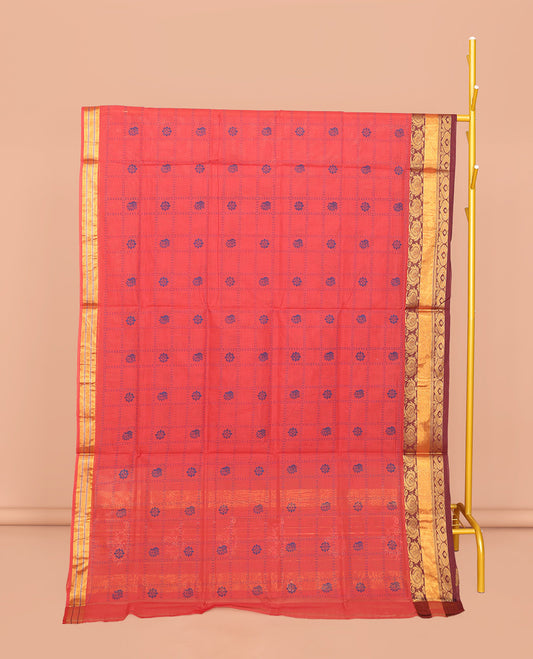 Red Venkatagiri Cotton Saree, Adorned with Butta Enclosed Checks, a Traditional Zari Border, a Floral-Print Pallu, and No Blouse