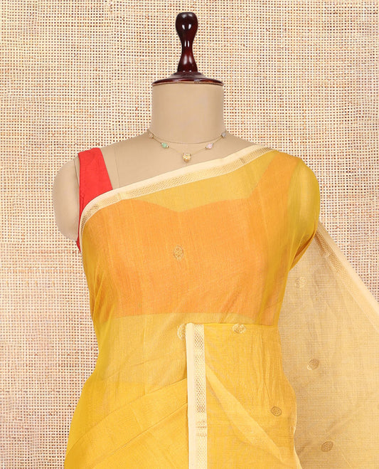 Yellow Maheshwari Cotton Saree, Subtly Woven with Zari Buttas, a Contrast Piping Zari Border, Pallu of Zari Design, and a Matching Blouse