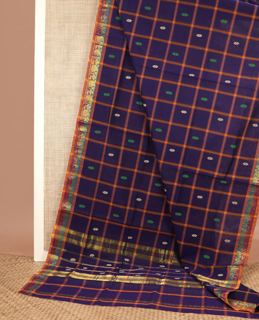 Blue checked Venkatagiri cotton saree with buttas, contrast floral-paisley border & pallu of stripes & buttas