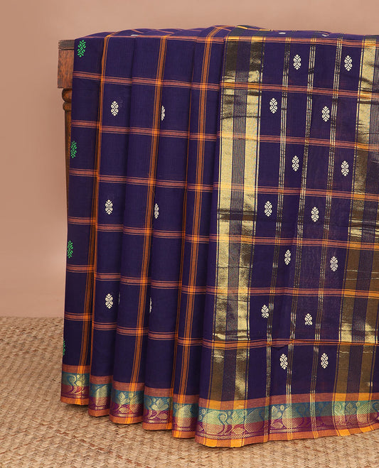 Blue checked Venkatagiri cotton saree with buttas, contrast floral-paisley border & pallu of stripes & buttas