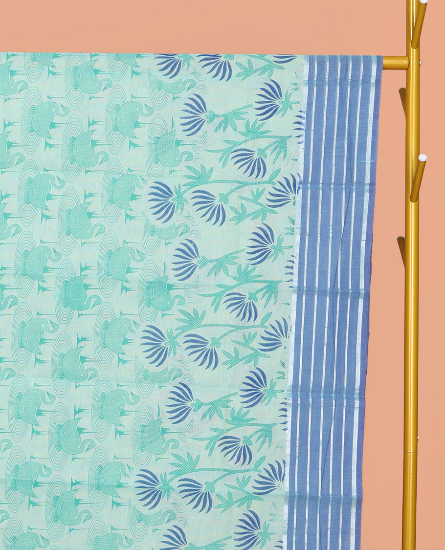 Pale Blue Chirala Cotton Saree, Decked Up with Swan and Floral Print, Contrast Striped Border, Floral Printed Pallu, and a Matching Blouse