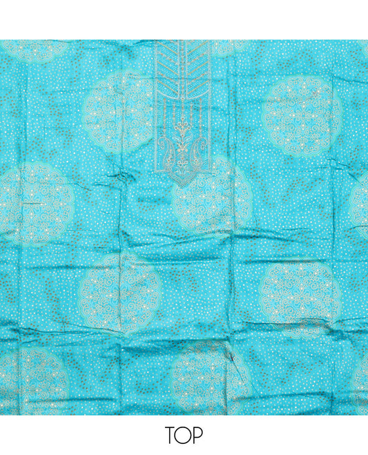 Blue Material Chudidar Set, Accentuated with Bandhani Dot Printed and Embroidery on Rayon Top, a Rayon Bottom, and Paired with Contrast Intricately Printed Cotton Dupatta