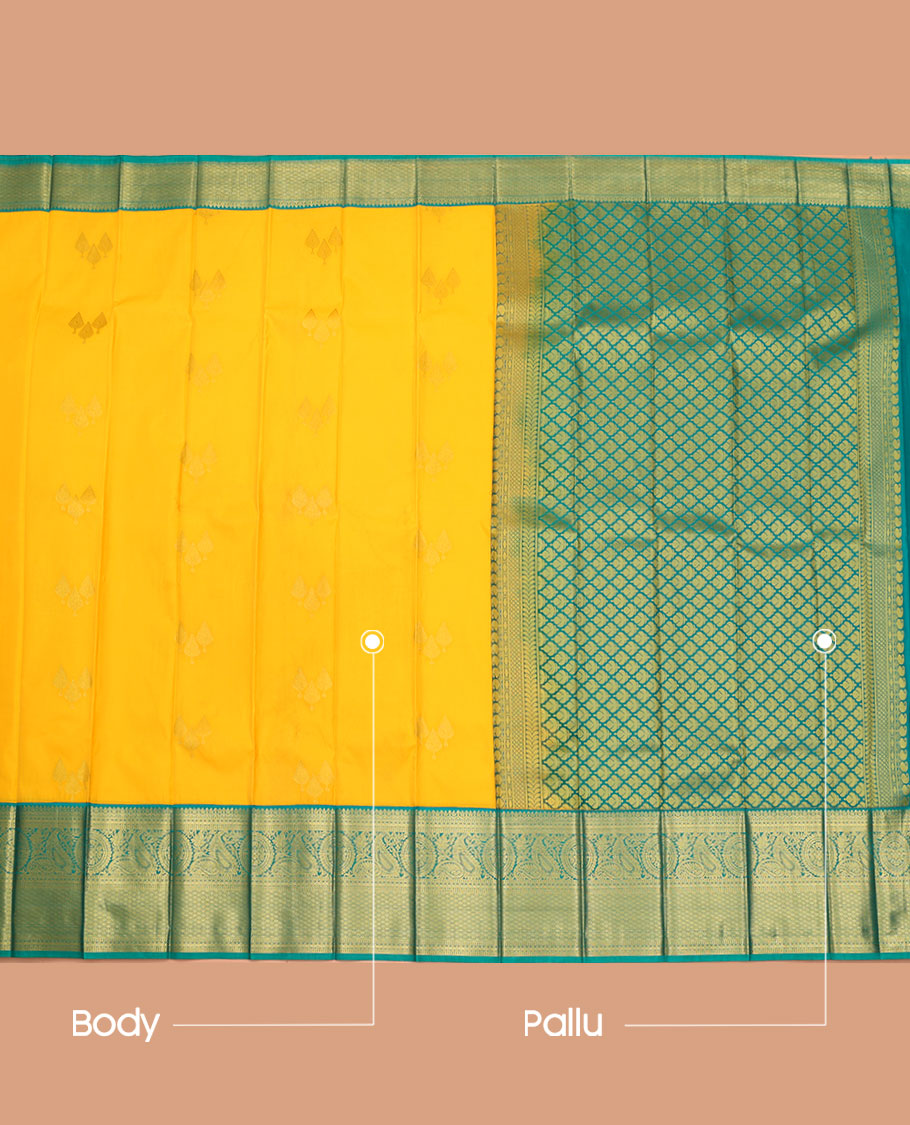 Yellow Budget Silk Saree, Sparsely Woven with Buttas All Over Its Body, Complemented by a Contrast Traditional Zari Design Border, Grand Pallu, and Paired with a Contrast Blouse
