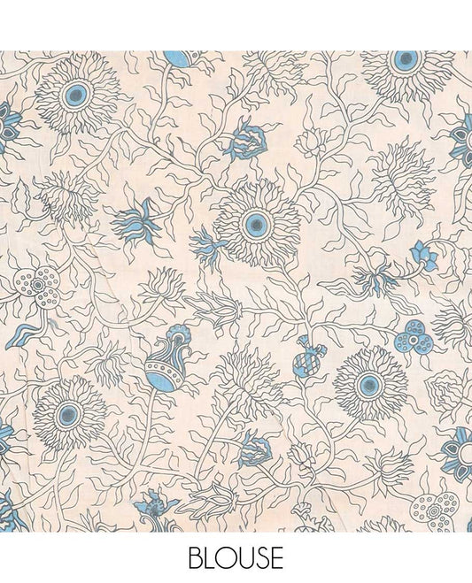 Blue intricately machine-printed kalamkari cotton saree, self-border & contrast pallu of floral print
