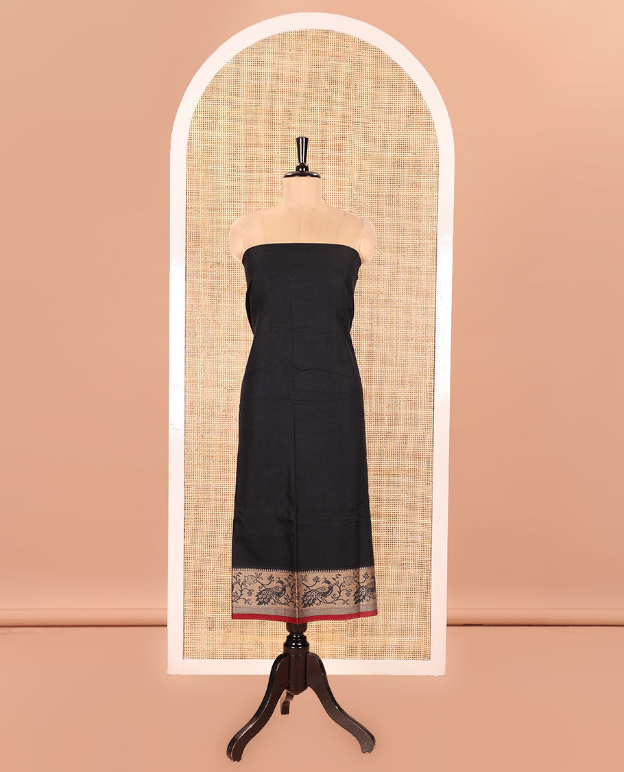 Black Mercerised Cotton Material Churidar Set, Subtly Made Plain with Contrast Floral-Peacock Bordered Top, a Mercerised Cotton Bottom, and Paired with a Mercerised Cotton Peacock-Bordered Dupatta