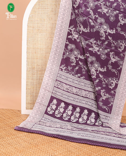Purple printed turkey crepe sare with printed border & printed pallu along with printed blouse
