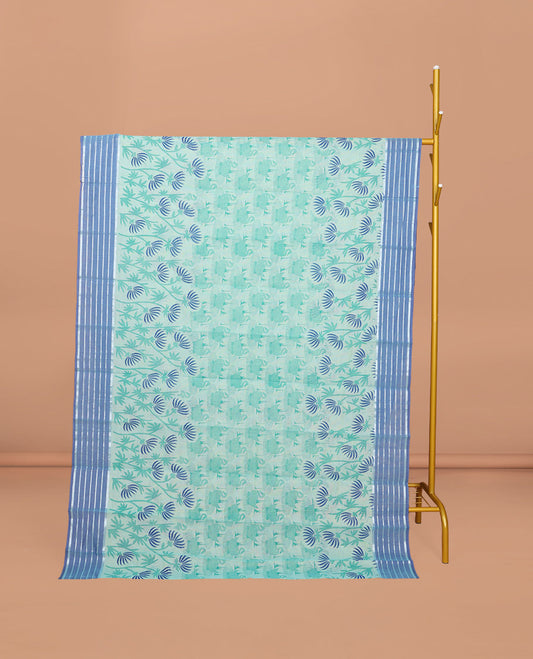 Pale Blue Chirala Cotton Saree, Decked Up with Swan and Floral Print, Contrast Striped Border, Floral Printed Pallu, and a Matching Blouse