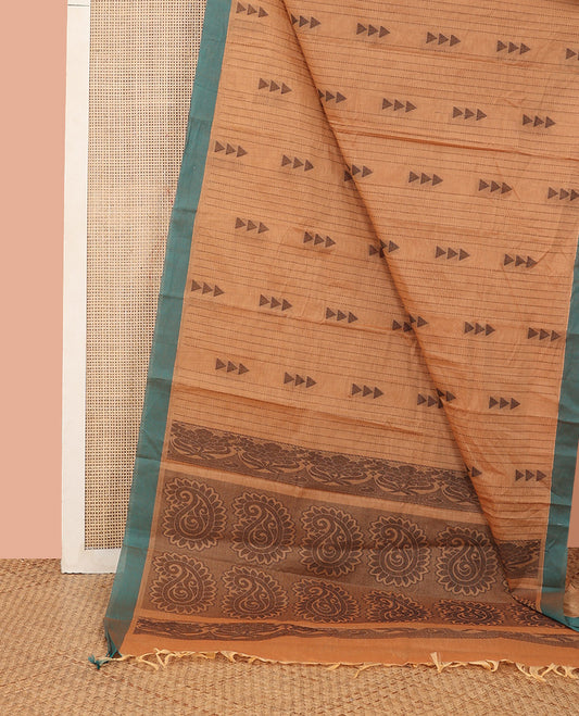 Orange Kanchi Cotton Saree, Adorned with Thread Stripes and Triangle Buttas All Over Its Body, Complemented by Contrast Border, Pallu Featuring Paisley Designs, and Paired with a Matching Blouse