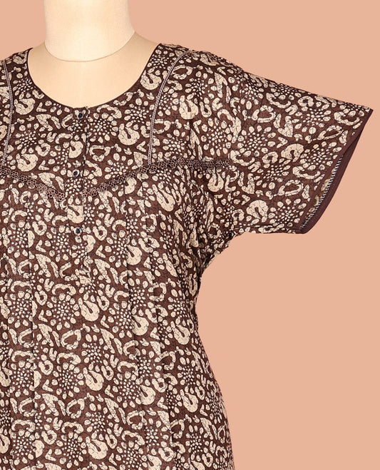 Brown Half Sleeves Cotton-Blended Nighty