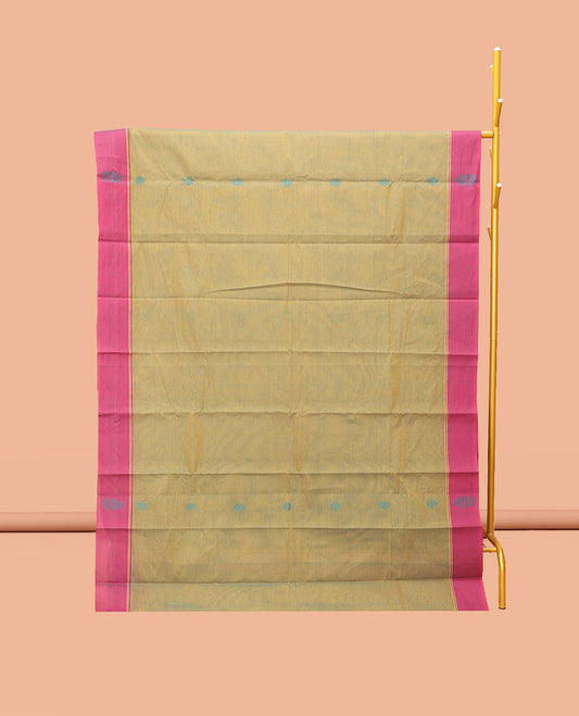 Green Kanchi Cotton Saree, Ornamented with Buttas, Complemented by a Contrast Border, Ogee-Patterned Pallu, and a Matching Blouse