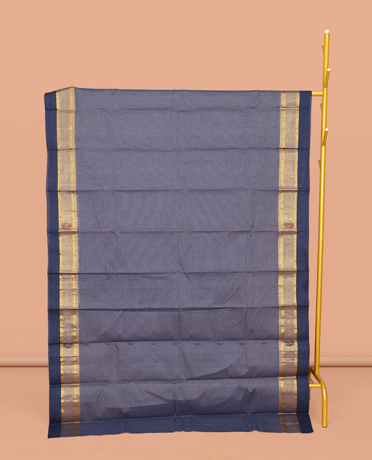 Grey Kanchi Cotton Saree, Adorned with Buttas All Over Its Body, Complemented by a Contrast Border, Pallu of Floral Designs, and Paired with a Matching Blouse