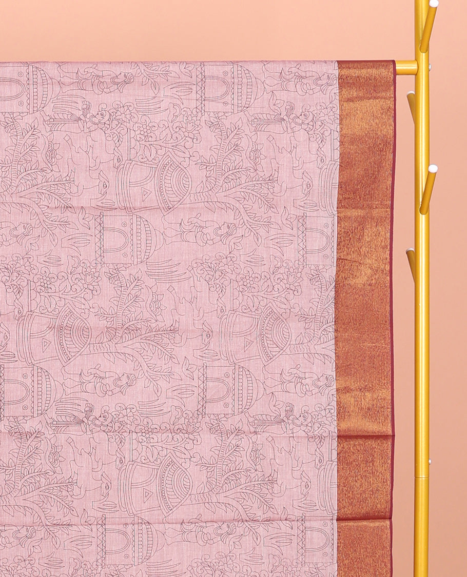 Pink Andhra Cotton Saree, Subtly Printed with Village-Themed Print, a Contrast Zari Border, a Pallu of Patola-Print, and a Matching Blouse