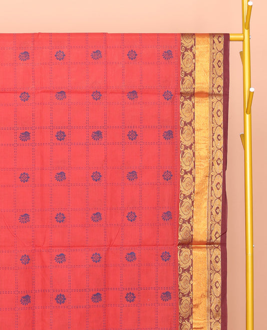 Red Venkatagiri Cotton Saree, Adorned with Butta Enclosed Checks, a Traditional Zari Border, a Floral-Print Pallu, and No Blouse