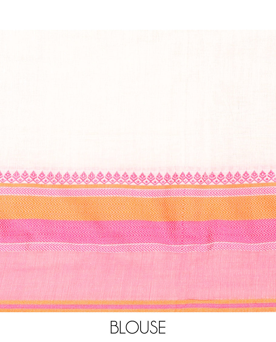 Cream-Pink Plain Khadi Mul Cotton Saree, Complemented by a Contrast Thread-Woven Border of Geometric Patterns, Contrast Plain Pallu, and Paired with a Matching Blouse