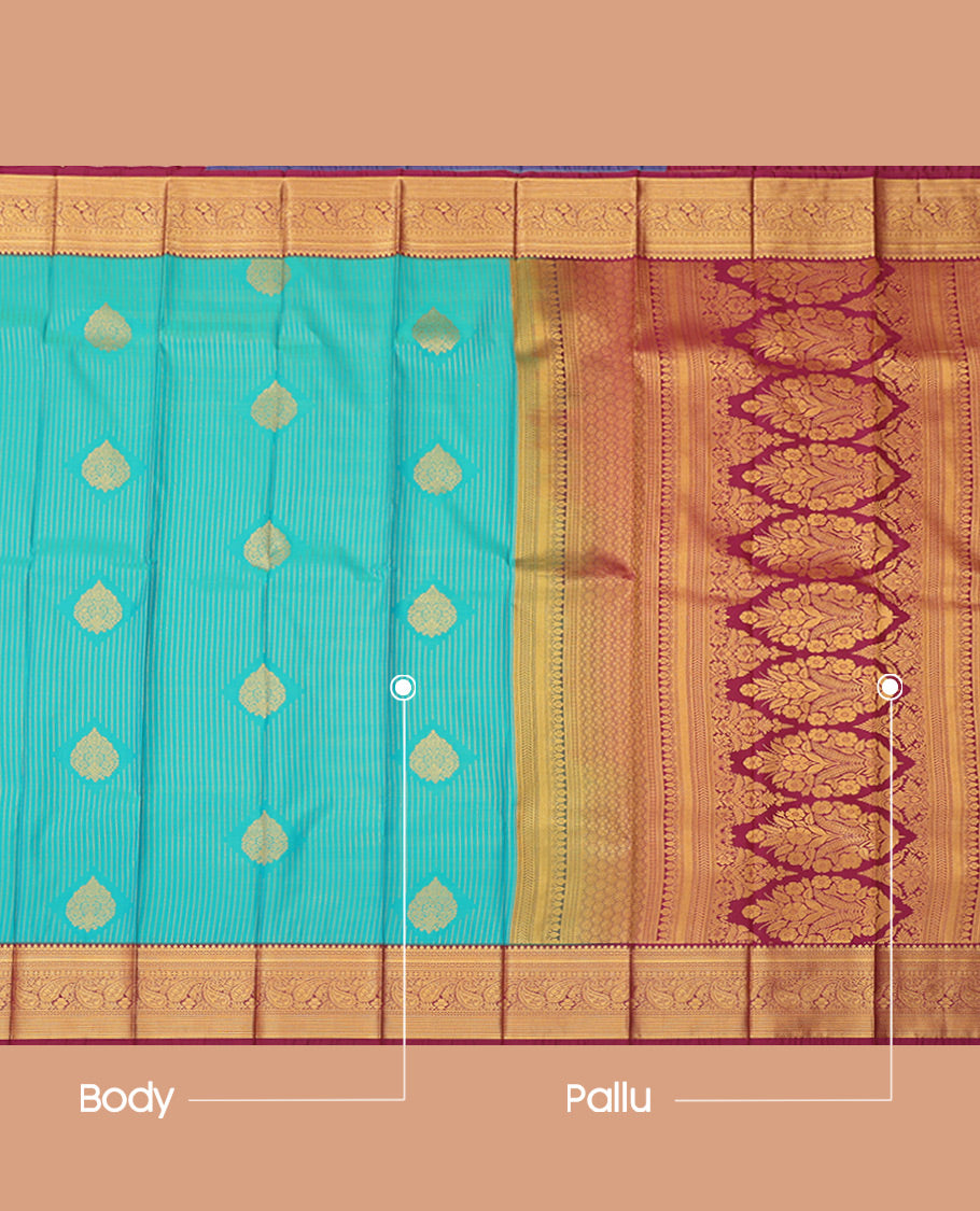 Blue Budget Silk Saree, Elevated with Stripes and Buttas, Complemented by Contrast Traditional Zari Border, a Grand Pallu and a Contrast Blouse