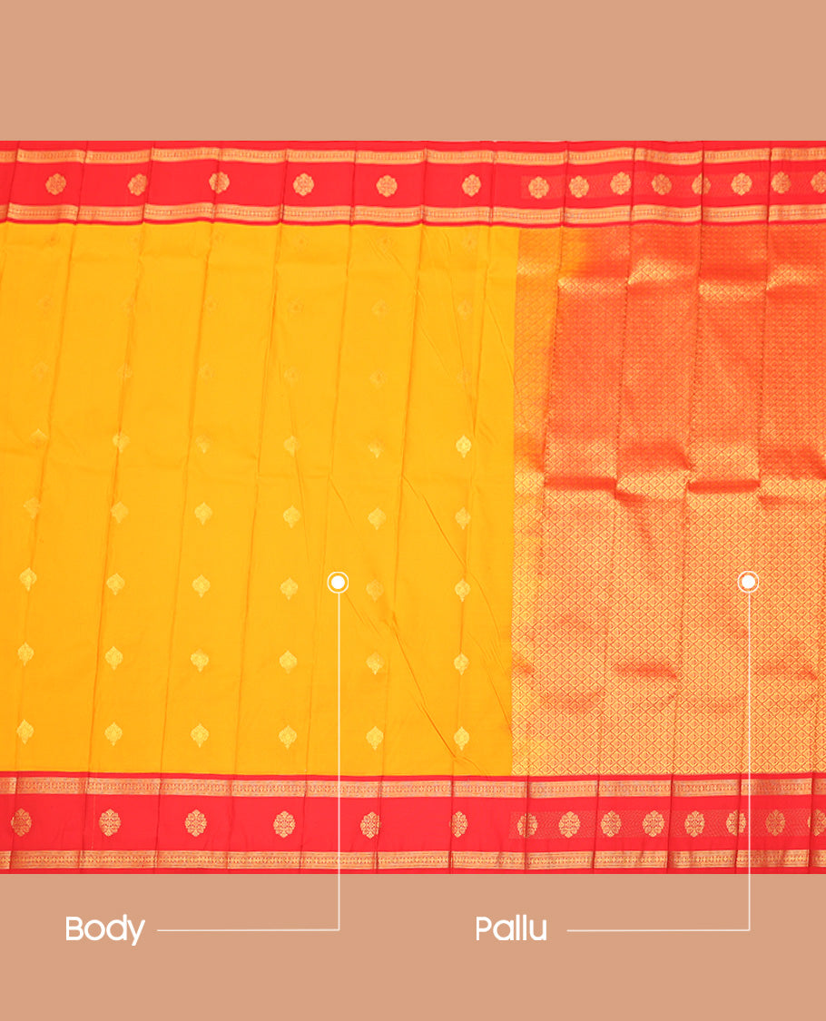 Yellow Budget Silk Saree, Sparsely Threaded with Zari Buttas, Complemented by a Contrast Traditional Zari Design Border, Ogee-Patterned Pallu, and Paired with a Contrast Blouse