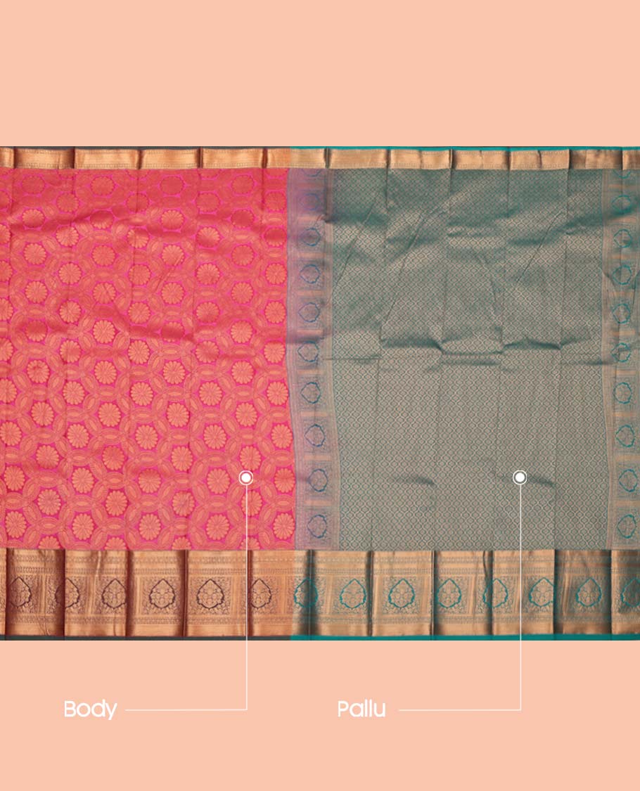 Pink Budget Silk Saree, Accentuated with Jacquard Design, Complemented by a Contrast Traditional Zari Design Border, Grand Jaal Pallu, and a Contrast Blouse