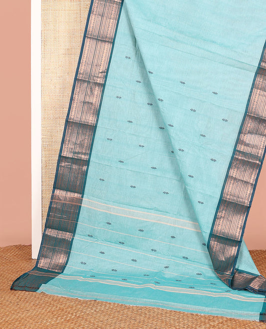 Blue Chettinad Cotton Saree Subtly Adorned with Thread Buttas All Over Its Body, Complemented by a Contrast Traditional Zari Motifs Steeped Border, and a Pallu of Stripes and Buttas