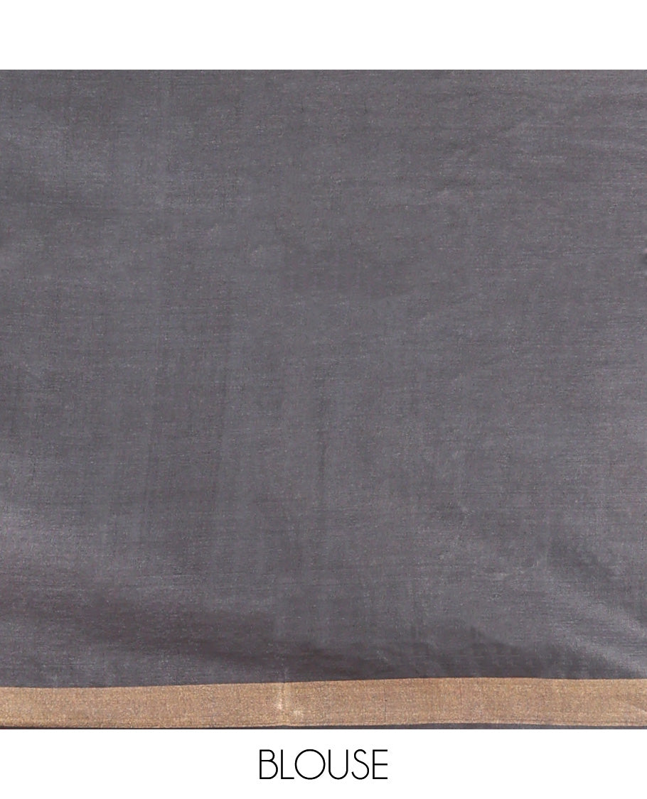 Black Tussar Saree, Finely Crafted with Warli Buttas, a Zari Border, Warli-Themed Thread-Woven Pallu, and a Matching Blouse
