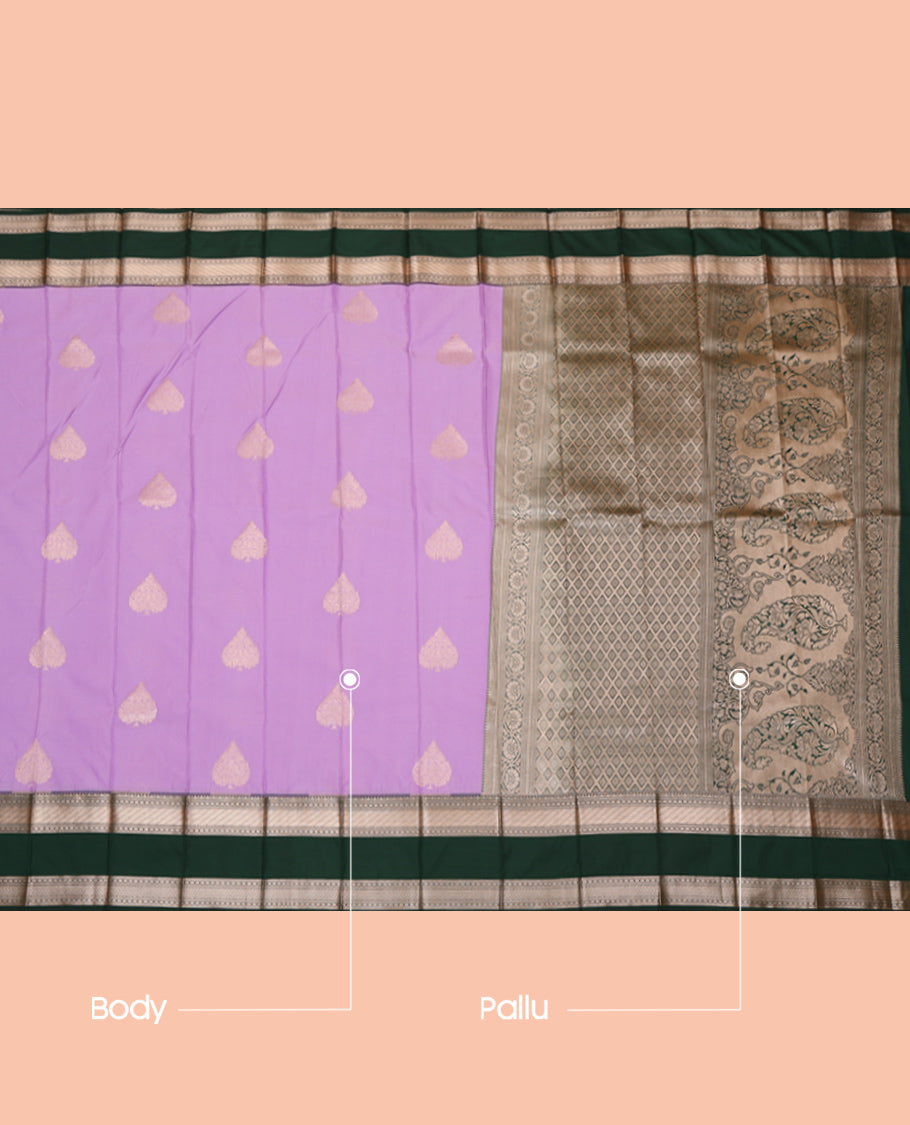 Lavender Budget Silk Saree, Sparsely Threaded with Zari Buttas, Complemented by a Contrast Traditional Zari Rettai Pettu Border, Grand Pallu, and a Contrast Blouse