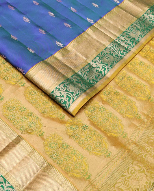 Blue buttas silksaree, contrast border of rekku,kathir,kuyil kann, yaanai & mayil & pallu of meenakari Mughal-style floral bunches